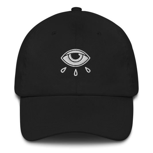 Black dad hat with an embroidered eye with three tears below it.
