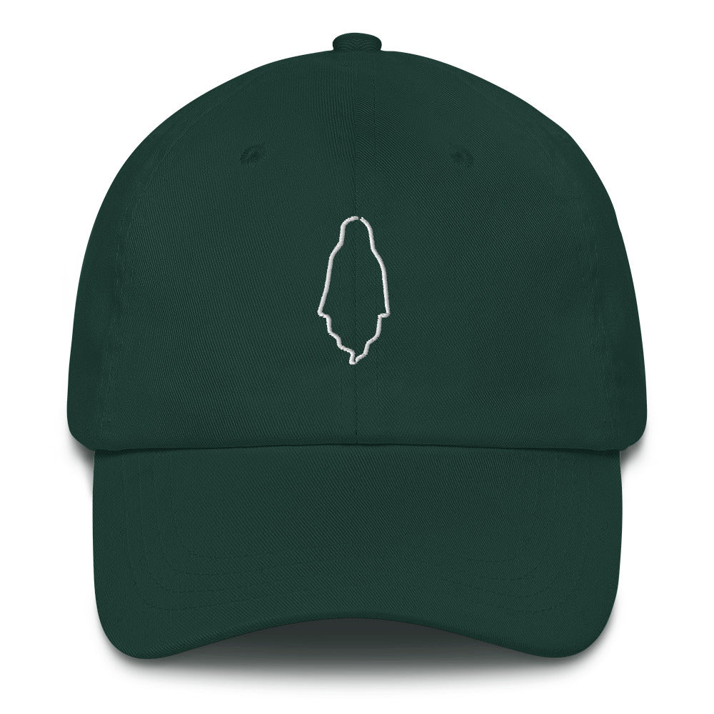 Spruce green dad hat that has a white embroidered outline of a ghost on the front.