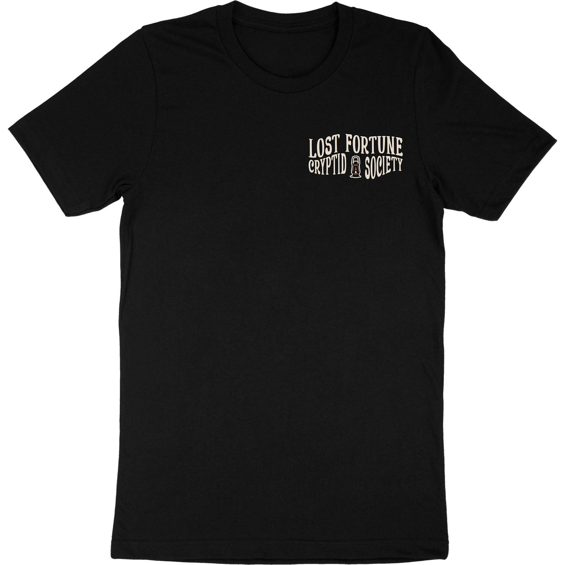 Black t-shirt that says "Lost Fortune Cryptid Society" on the front left breast. There is a lantern icon between "cryptid" and "society."