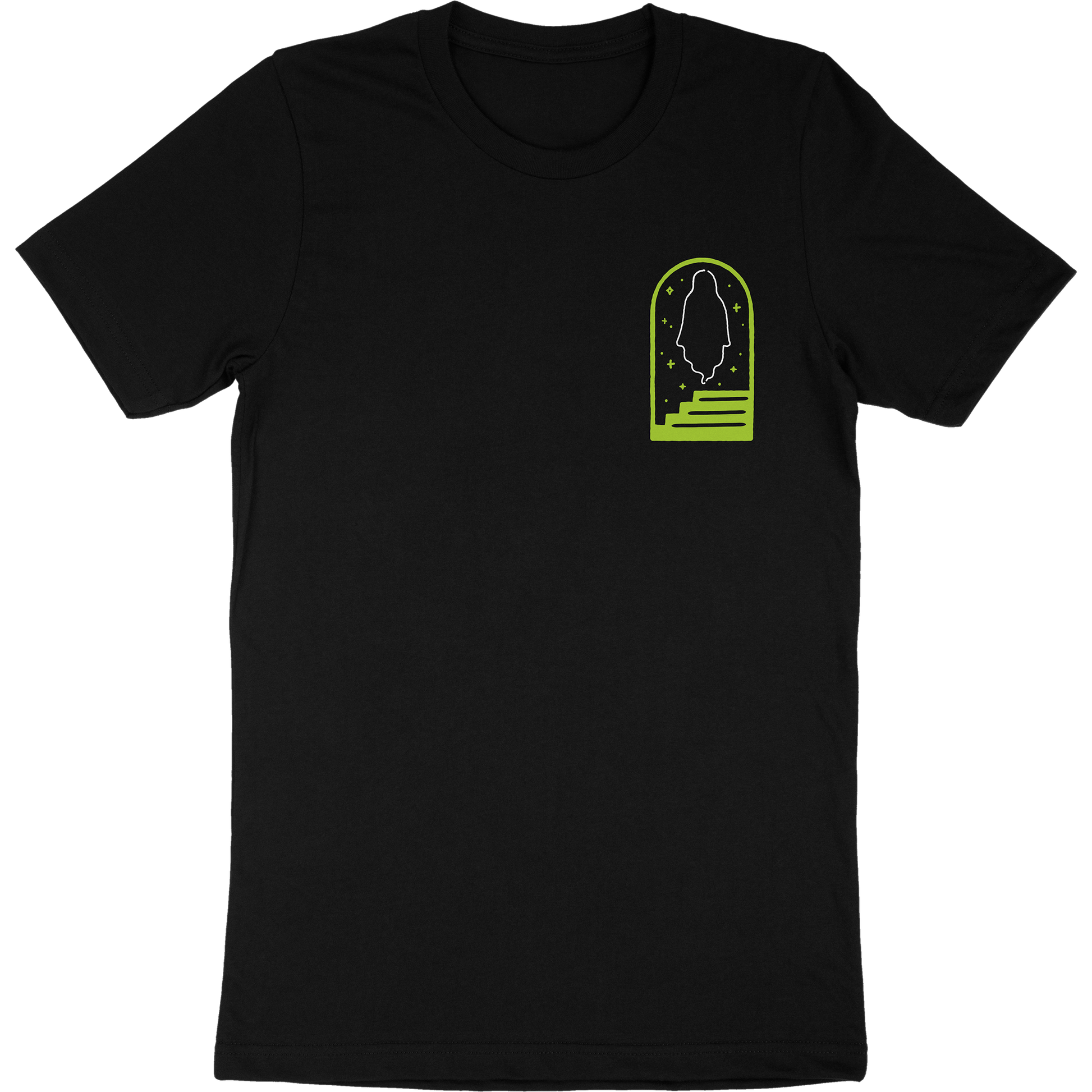 Black t-shirt front that has artwork of a ghost in a doorway with stairs.