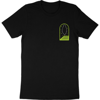 Black t-shirt front that has artwork of a ghost in a doorway with stairs.