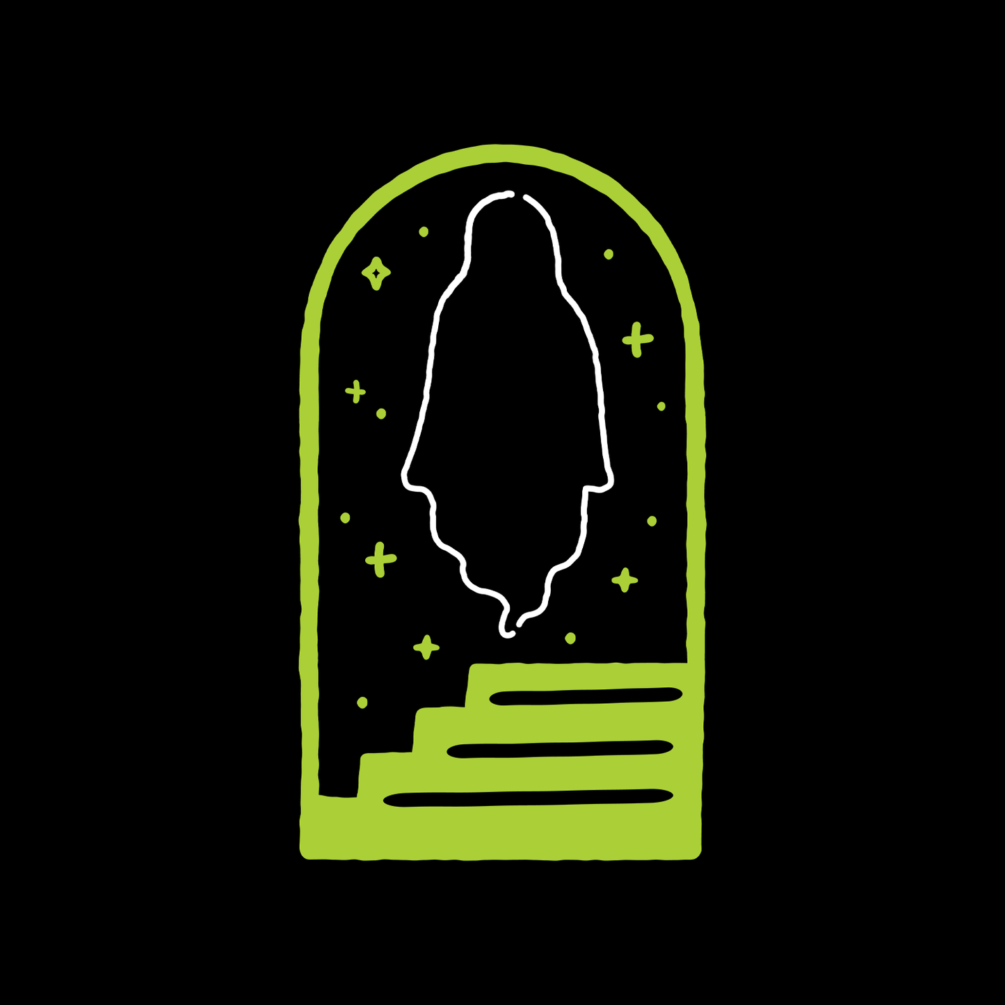 Artwork of a ghost in a doorway with stairs.