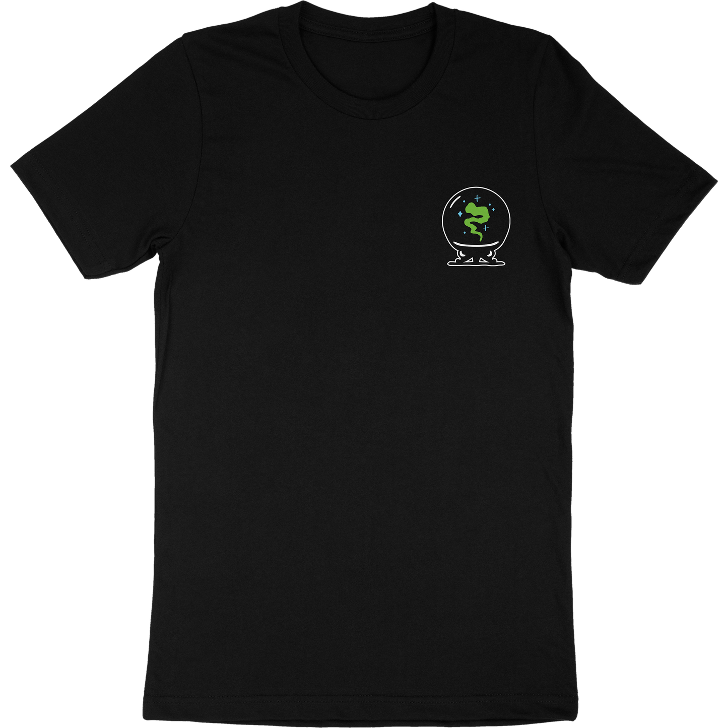 Black t-shirt front that has artwork of a crystal ball with green smoke and stars inside.