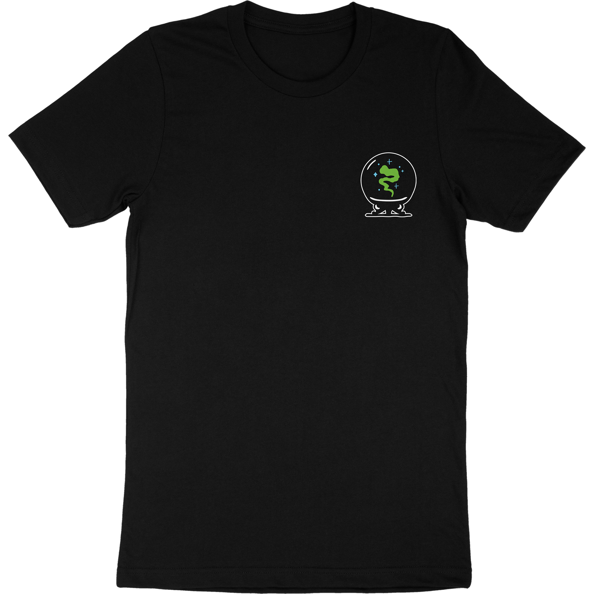 Black t-shirt front that has artwork of a crystal ball with green smoke and stars inside.