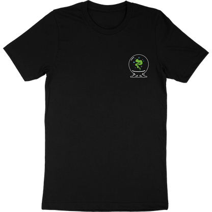 Black t-shirt front that has artwork of a crystal ball with green smoke and stars inside.