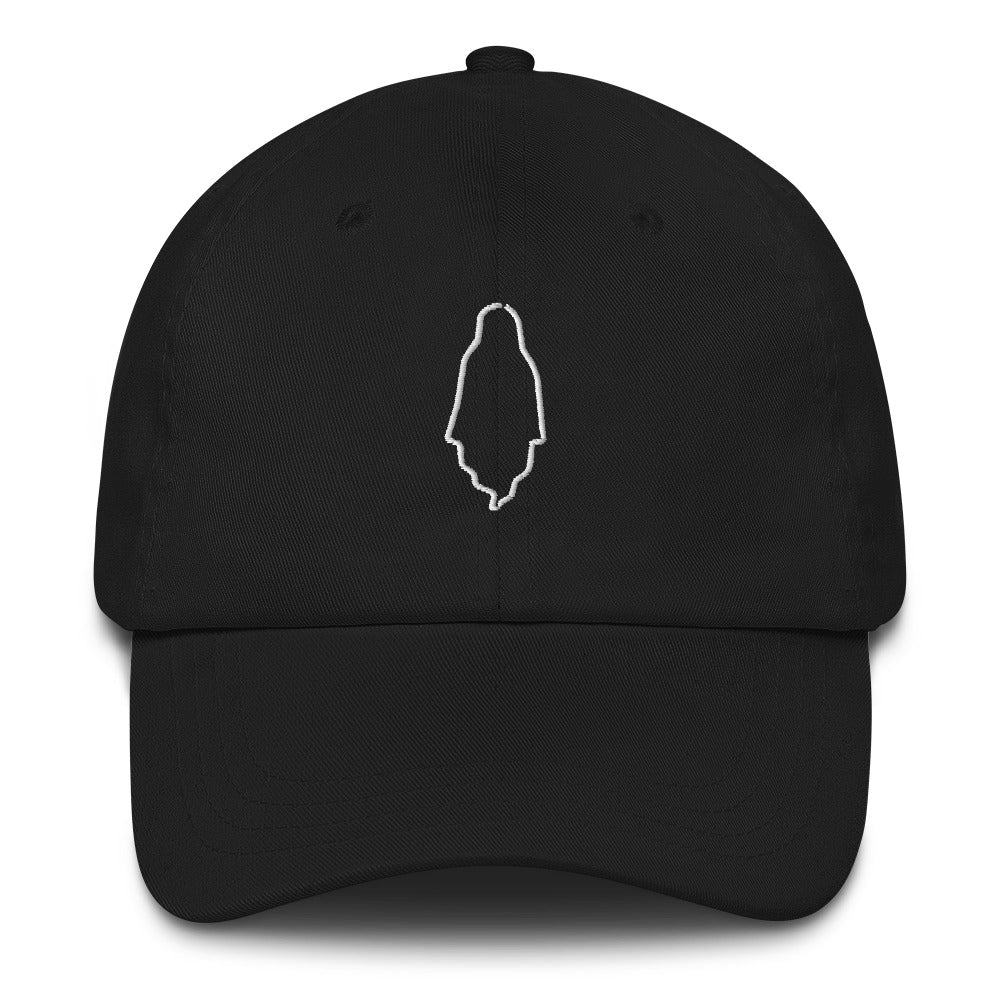 Black dad hat that has a white embroidered outline of a ghost on the front.