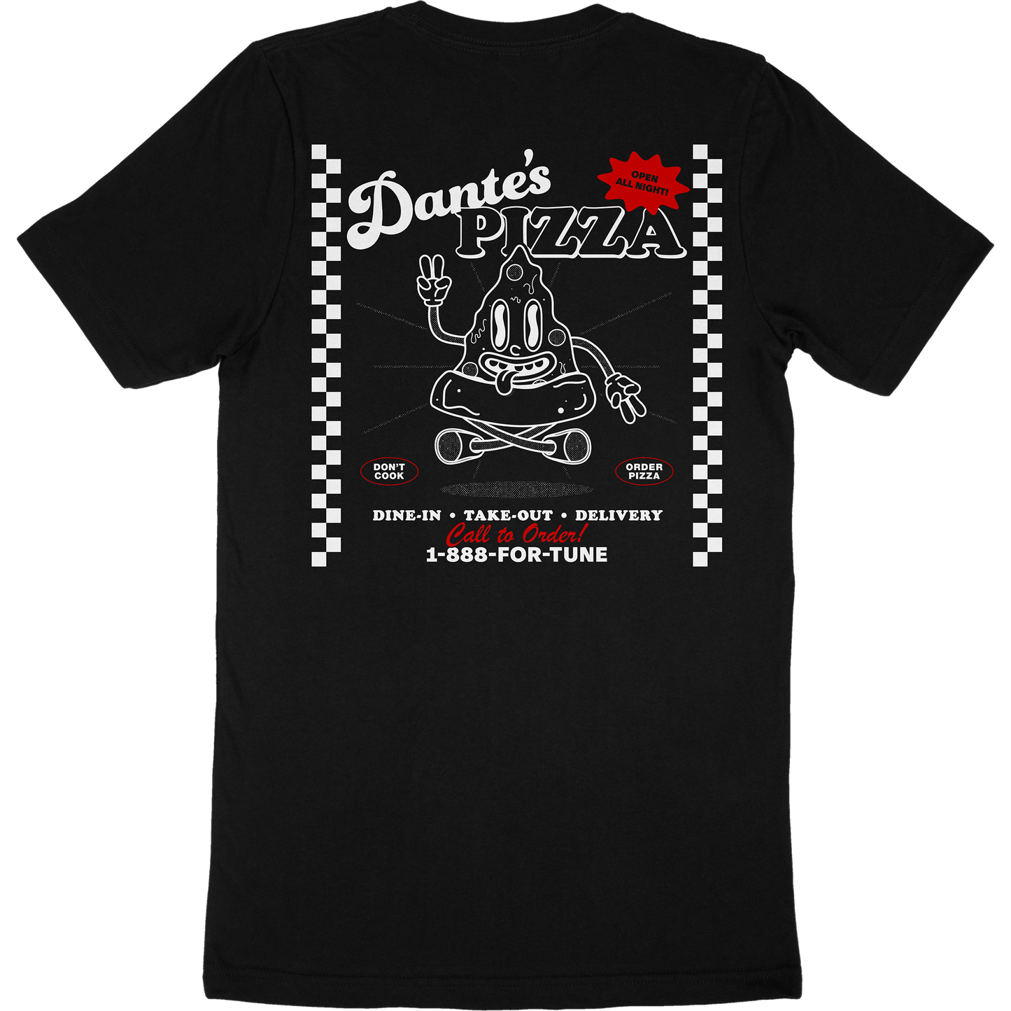 Black t-shirt for fictional restaurant "Dante's Pizza" that features a cartoon pizza character on the back