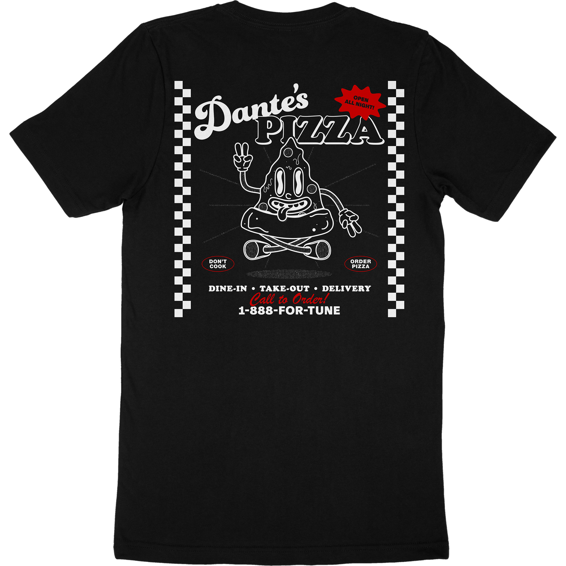 Black t-shirt for fictional restaurant "Dante's Pizza" that features a cartoon pizza character on the back