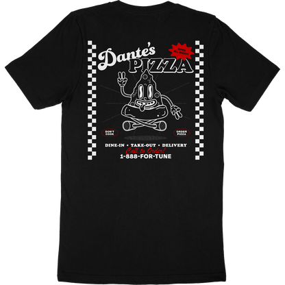 Black t-shirt for fictional restaurant "Dante's Pizza" that features a cartoon pizza character on the back