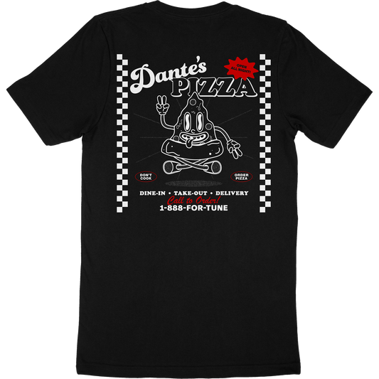 Black t-shirt for fictional restaurant "Dante's Pizza" that features a cartoon pizza character on the back