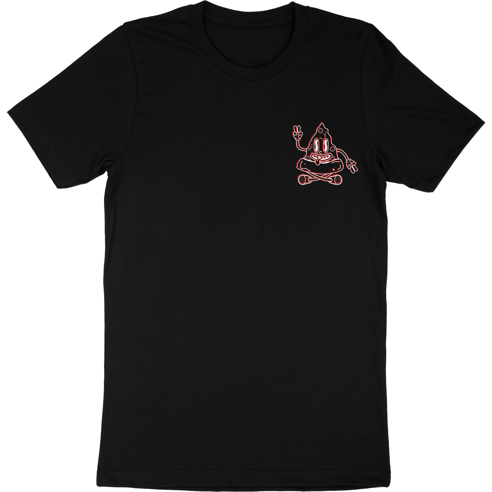 Black t-shirt for fictional restaurant "Dante's Pizza" that features a cartoon pizza character on the front