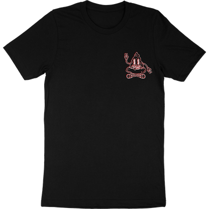 Black t-shirt for fictional restaurant "Dante's Pizza" that features a cartoon pizza character on the front