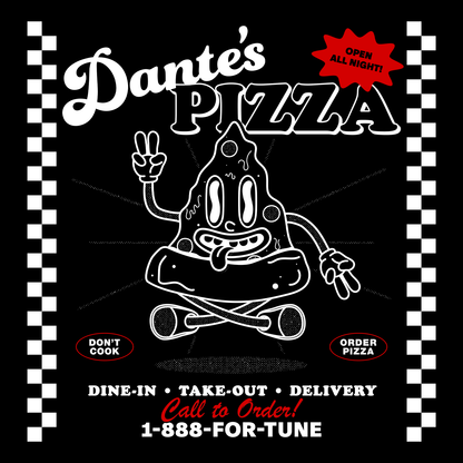 Artwork for fictional pizza restaurant "Dante's Pizza" that features a cartoon pizza character