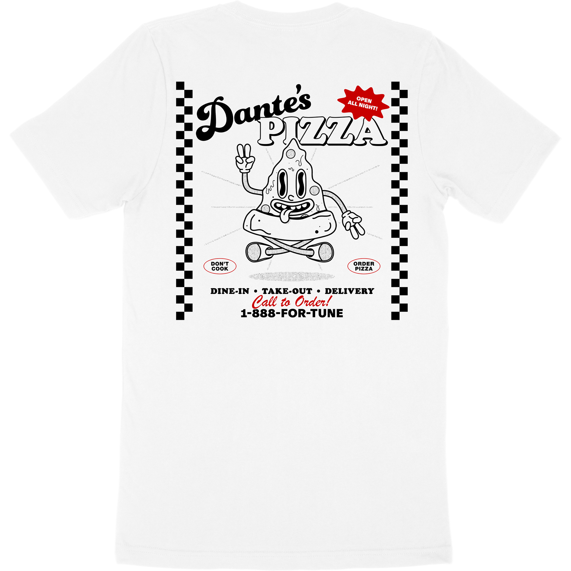 White t-shirt for fictional restaurant "Dante's Pizza" that features a cartoon pizza character on the back