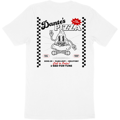 White t-shirt for fictional restaurant "Dante's Pizza" that features a cartoon pizza character on the back