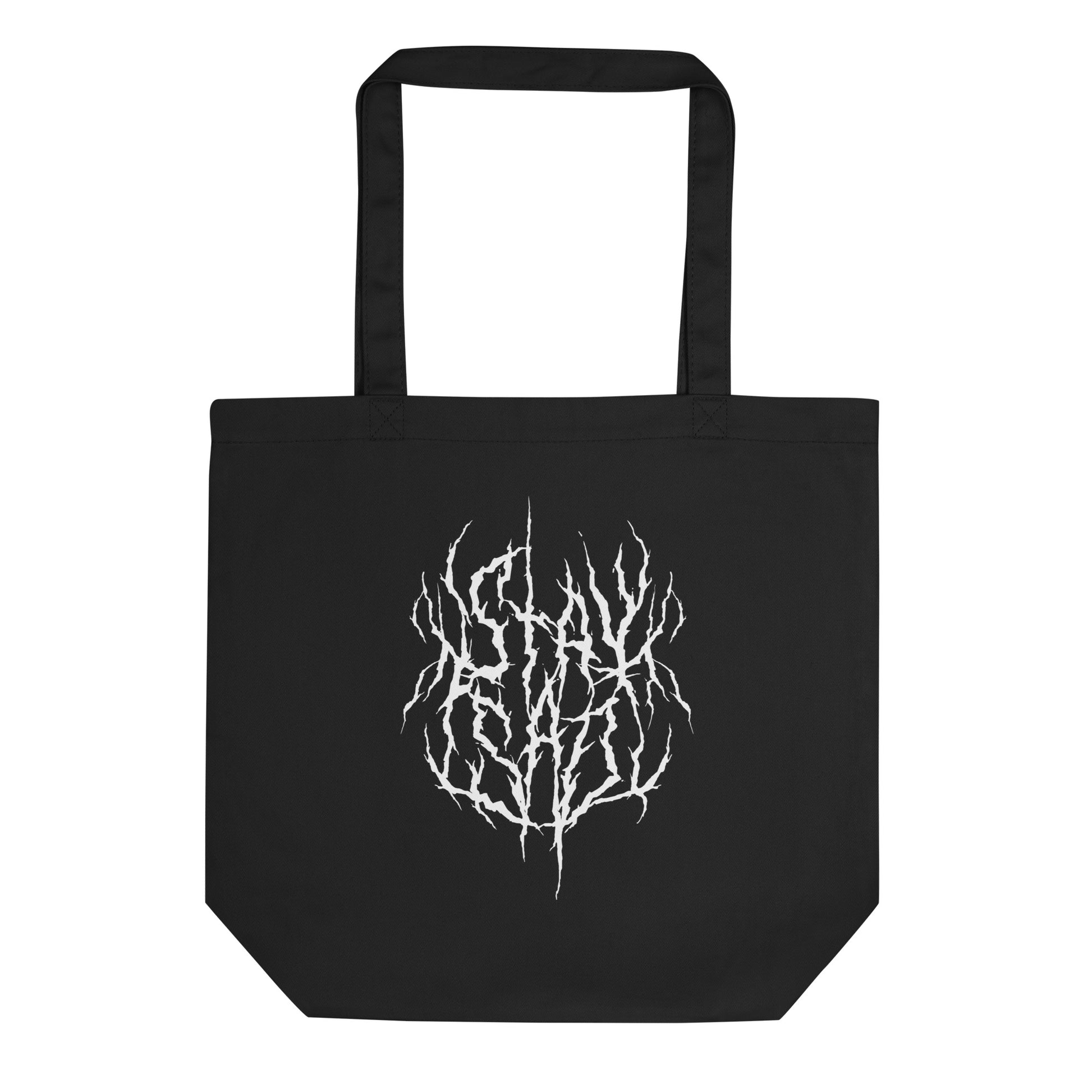 Black tote bag with text that says "stay sad" in a death metal style font.