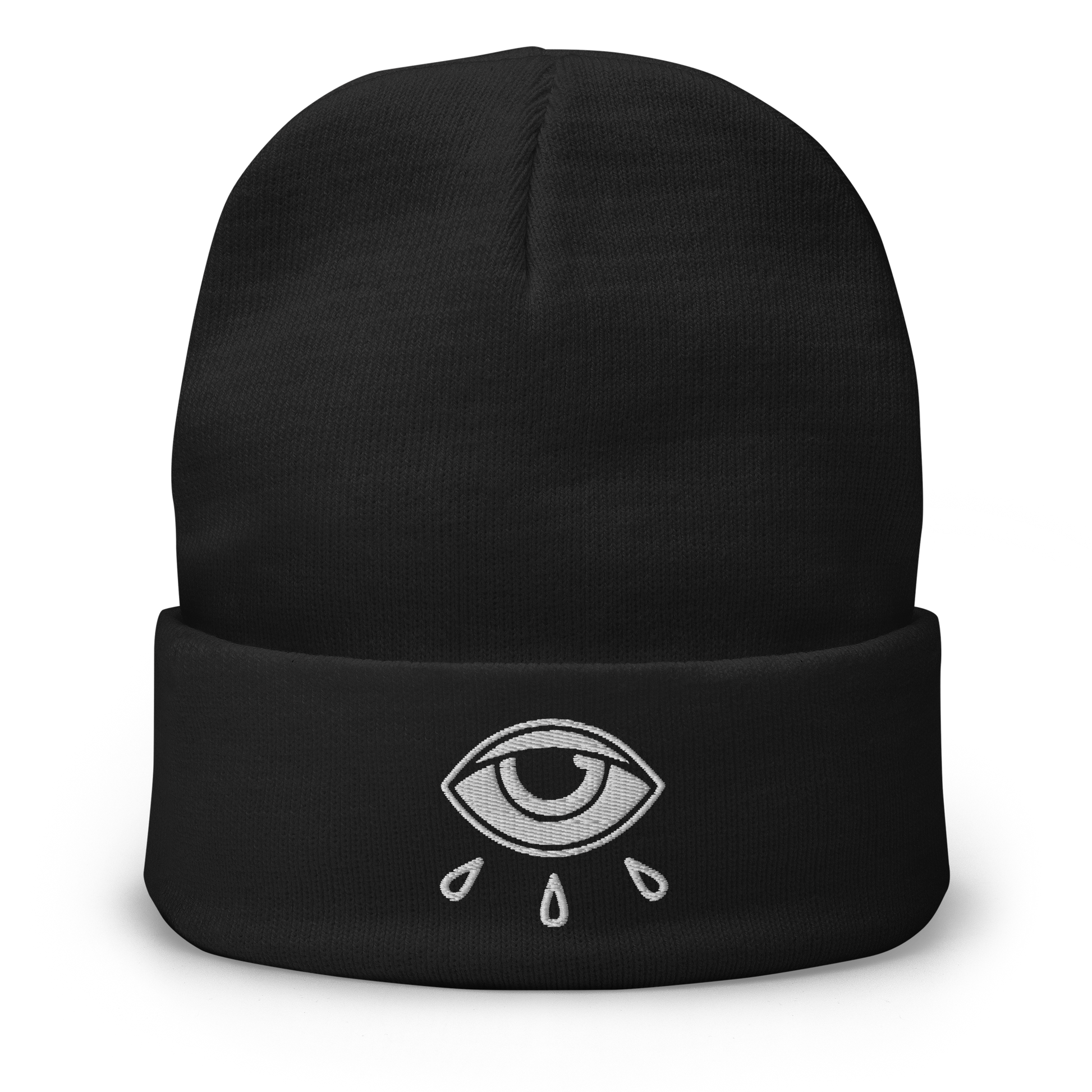 Black beanie with an embroidered eye with three tears below it.