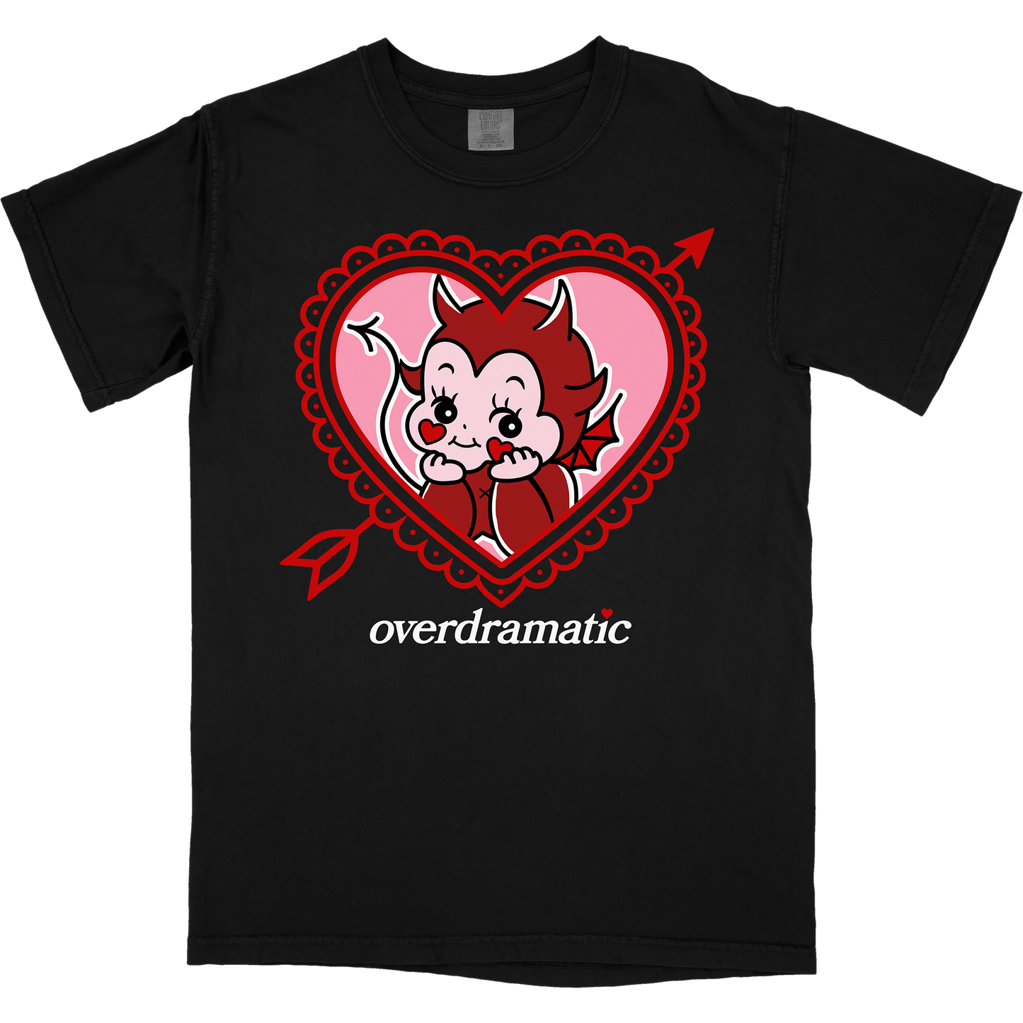 Devil cherub resting their head on their hands inside of a lacy heart with an arrow through it. Bottom text says "overdramatic."