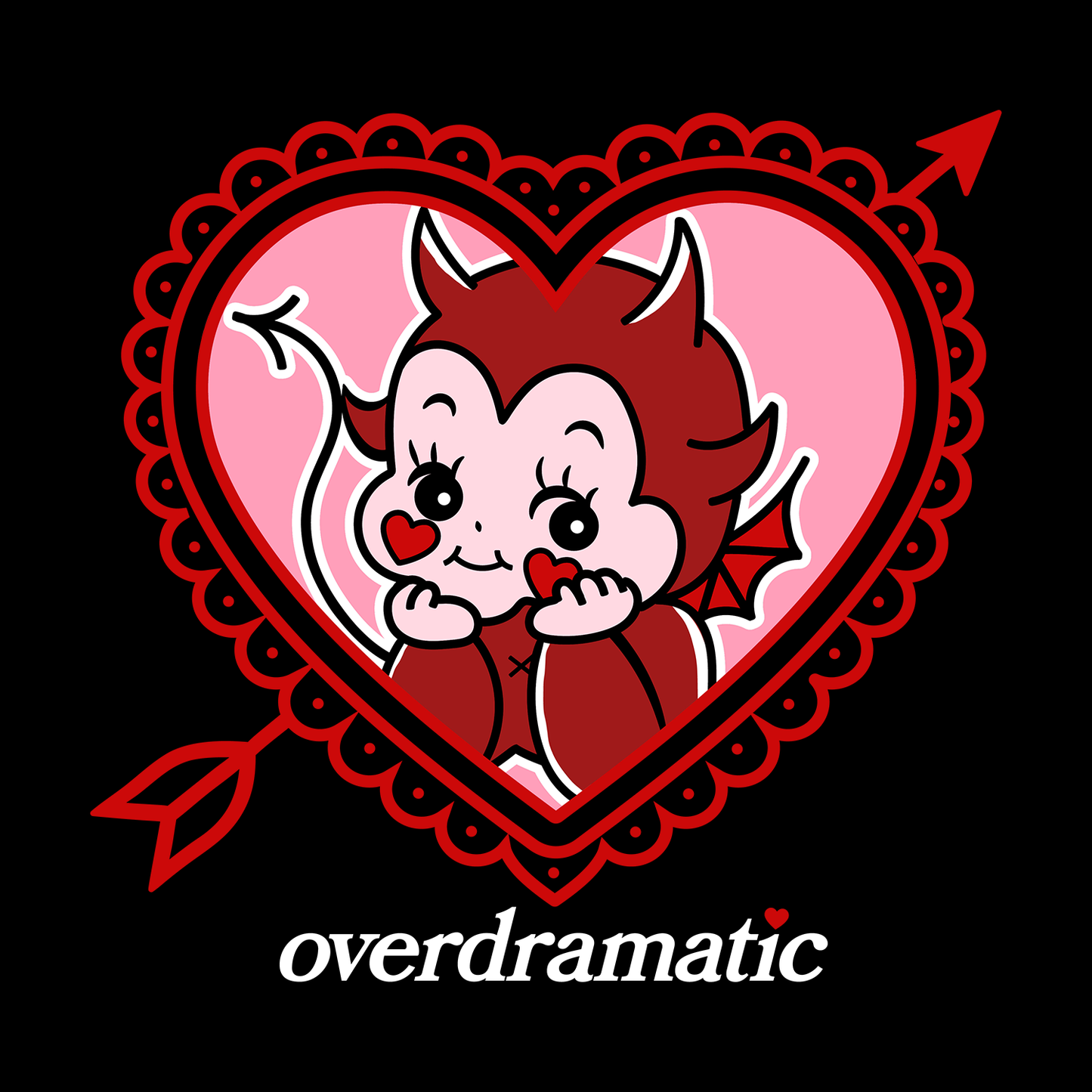 Devil cherub resting their head on their hands inside of a lacy heart with an arrow through it. Bottom text says "overdramatic."