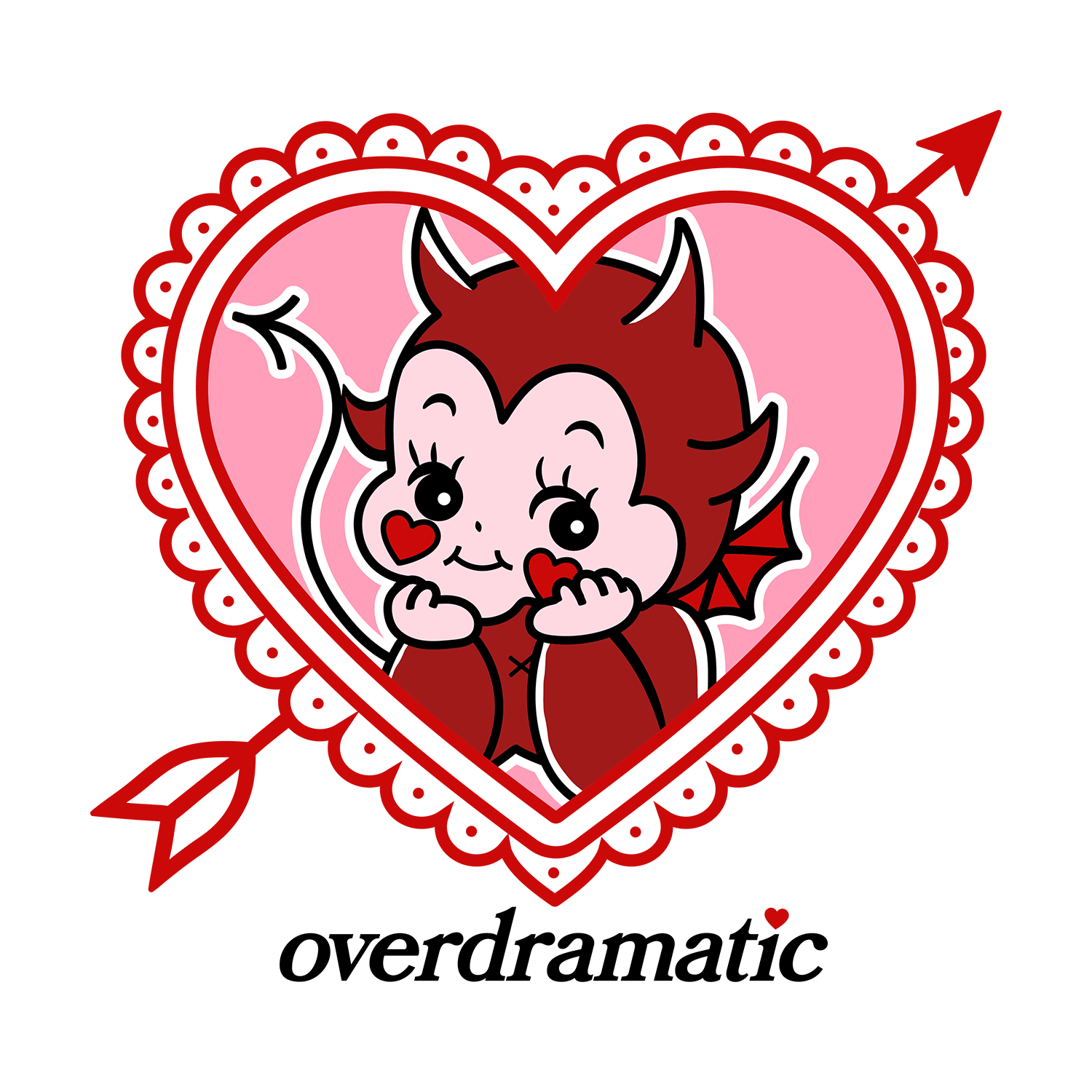 Devil cherub resting their head on their hands inside of a lacy heart with an arrow through it. Bottom text says "overdramatic."