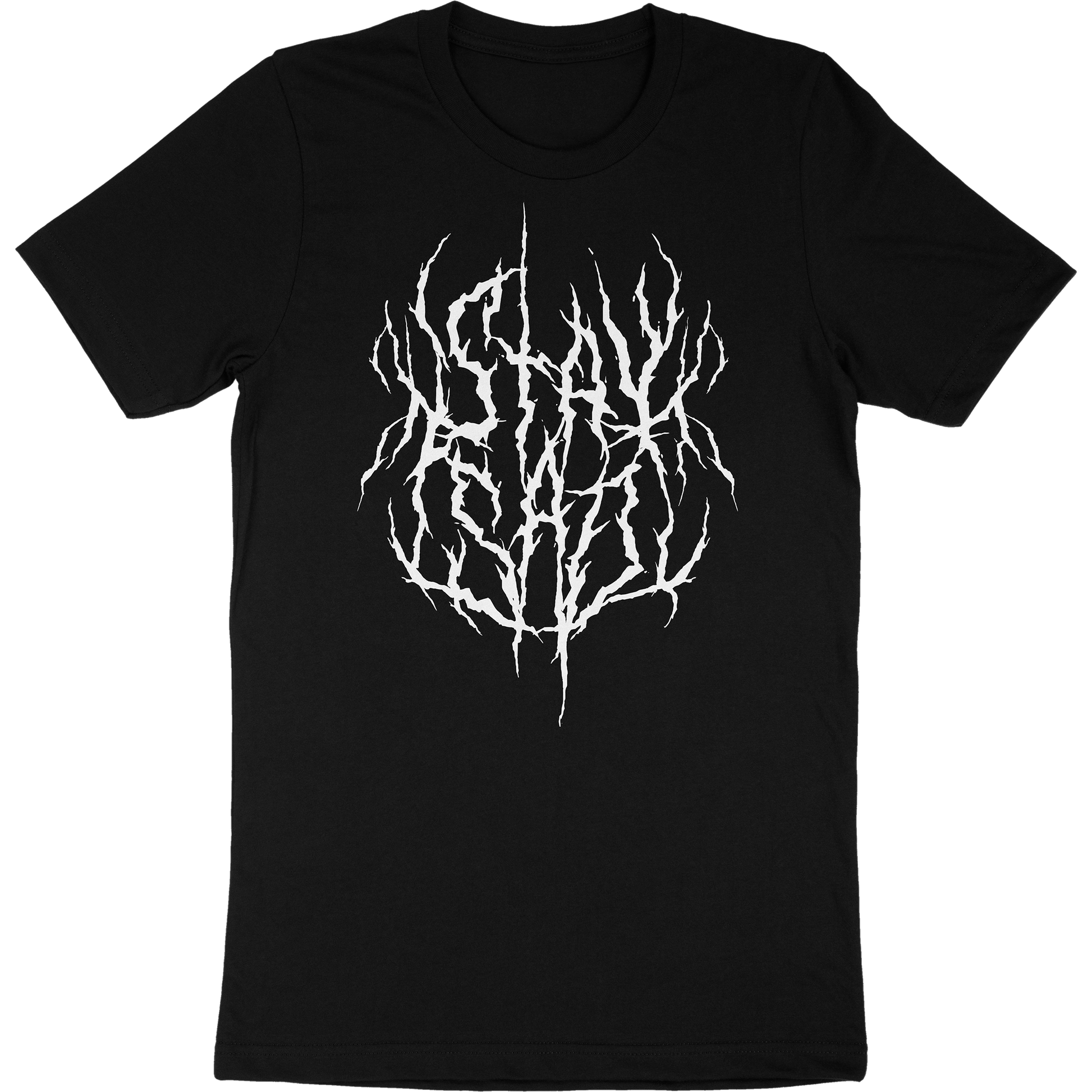 Black t-shirt with text that says "stay sad" in a death metal style font.