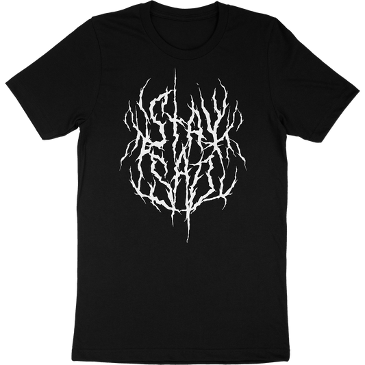 Black t-shirt with text that says "stay sad" in a death metal style font.