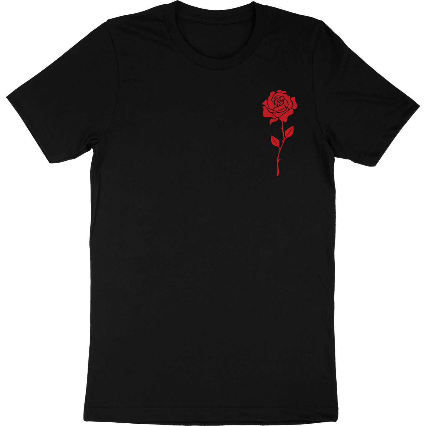 Black t-shirt with artwork of a rose on the front