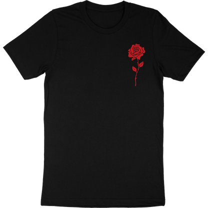 Black t-shirt with artwork of a rose on the front