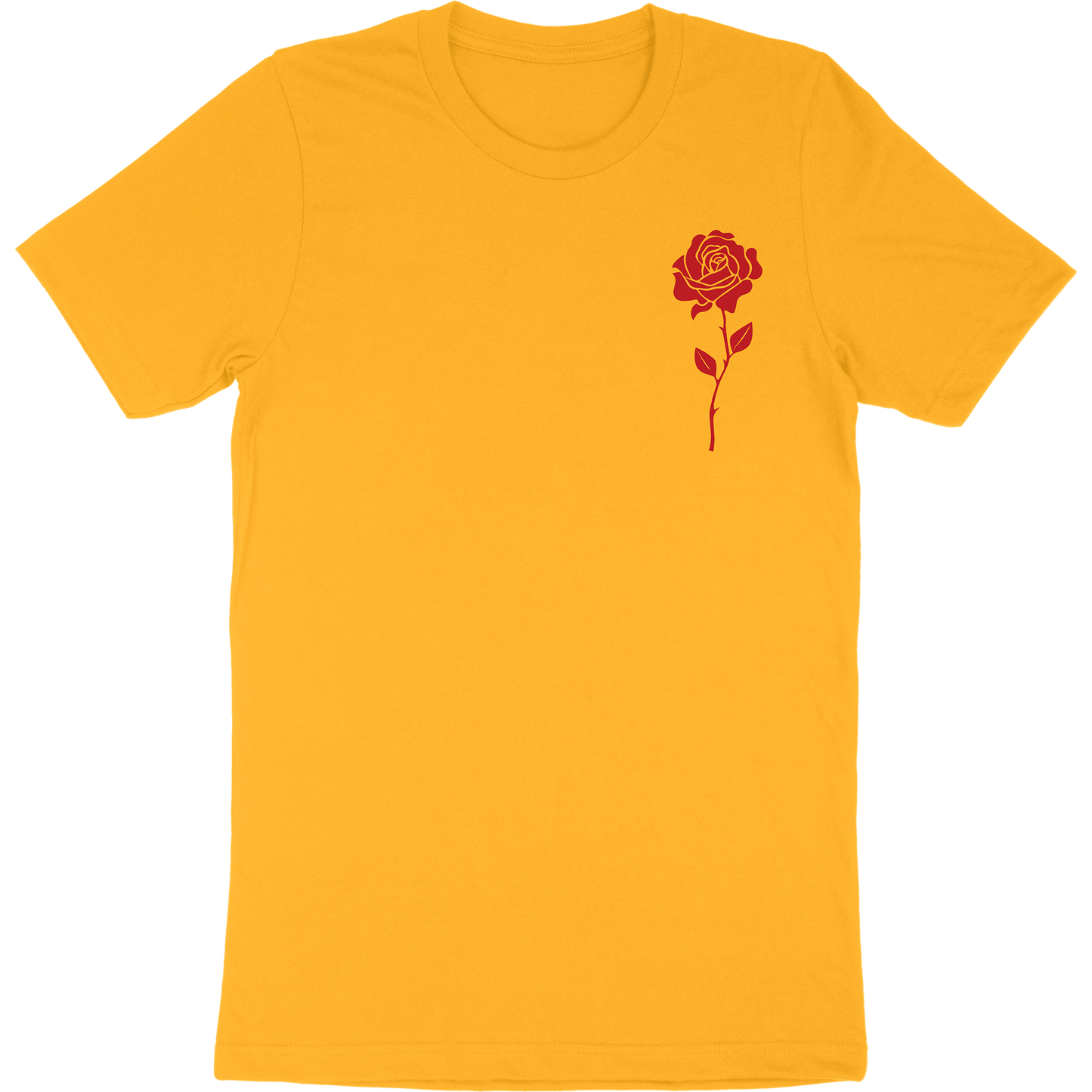 Gold t-shirt with artwork of a rose on the front