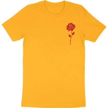 Gold t-shirt with artwork of a rose on the front