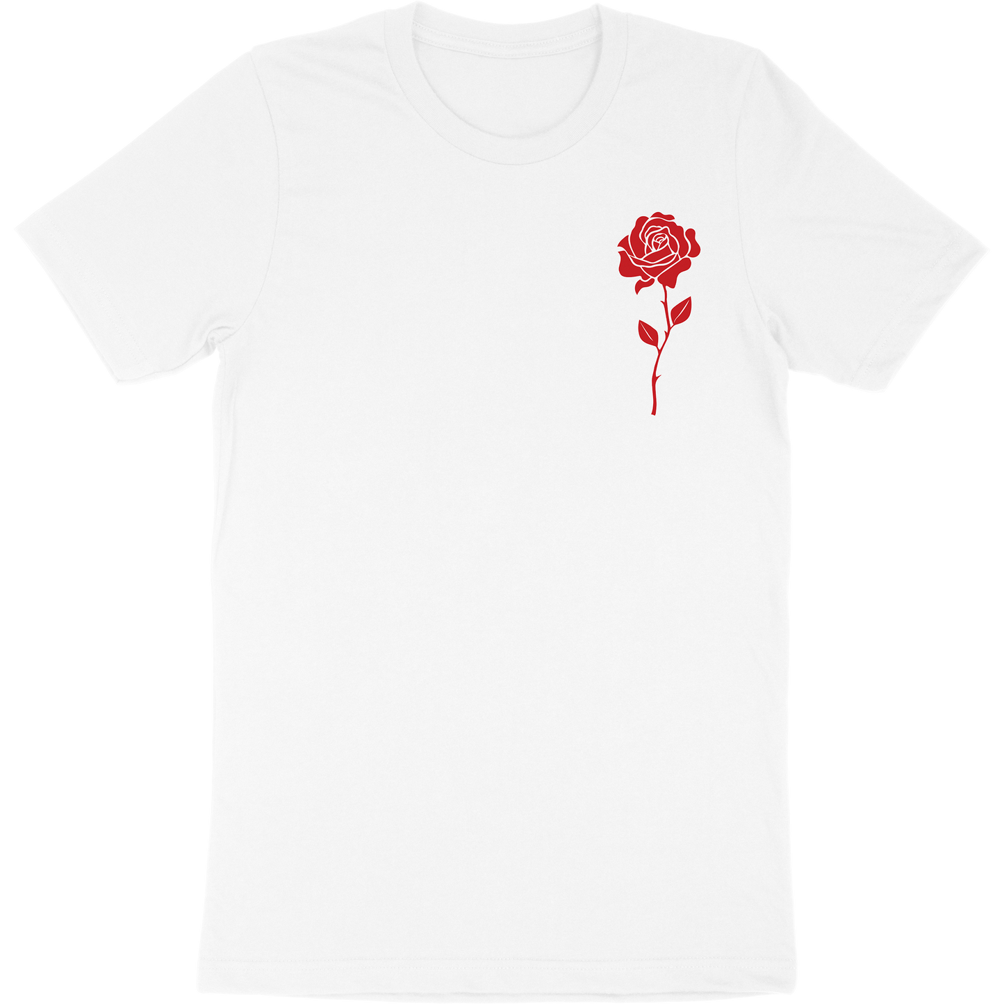 White t-shirt with artwork of a rose on the front