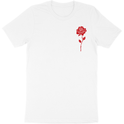 White t-shirt with artwork of a rose on the front