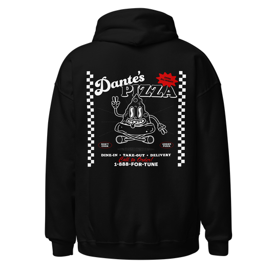 A black hooded sweatshirt with a cartoon pizza on the back.