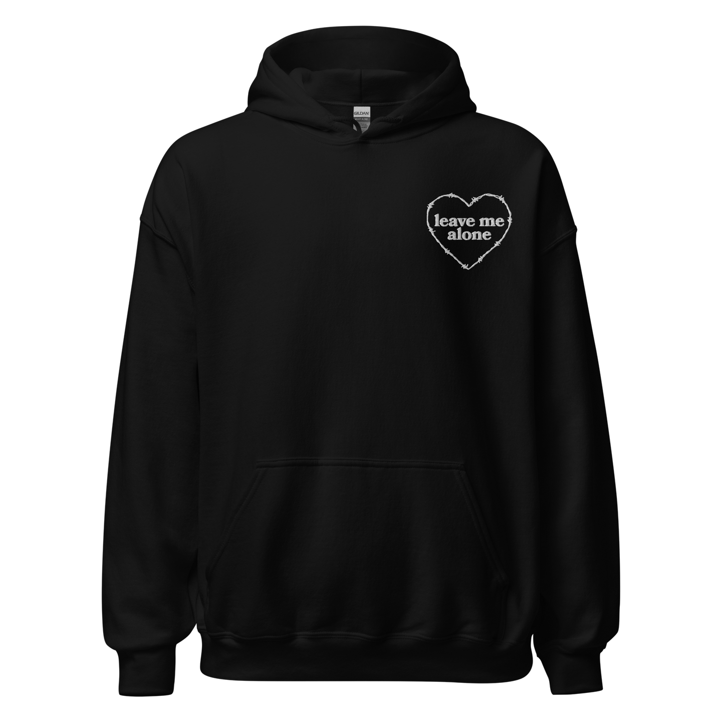 Black hooded sweatshirt that has a barbed wire heart and the phrase "leave me alone" embroidered on the left breast