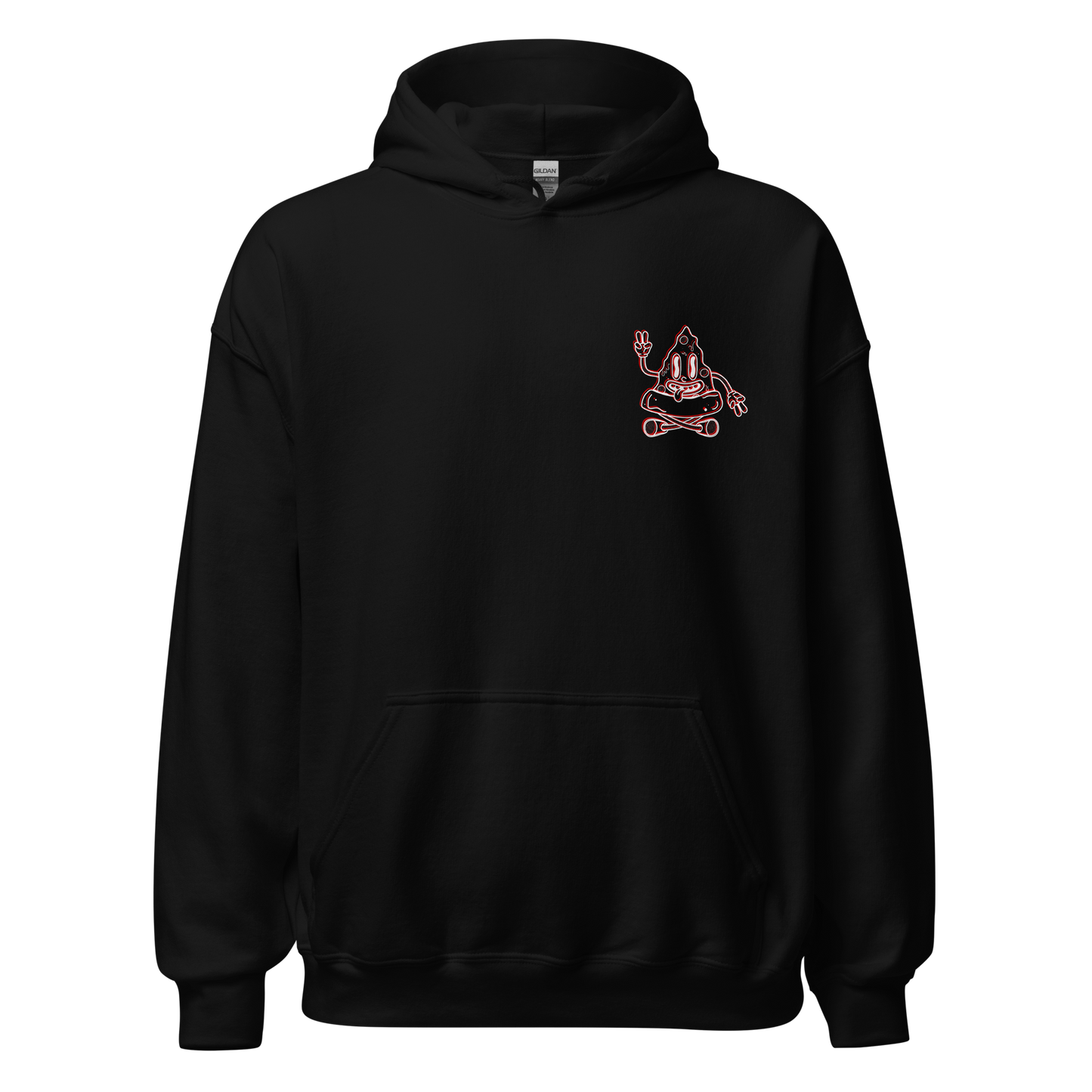 Black hooded sweatshirt with cartoon pizza character on the front.